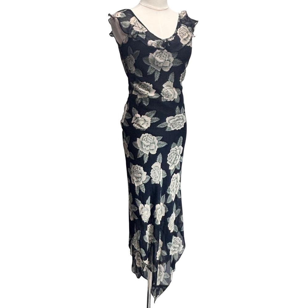 Y2K Rose Dress Black Floral Bias Cut Asymmetrical Whimsigoth Romantic Viscose S